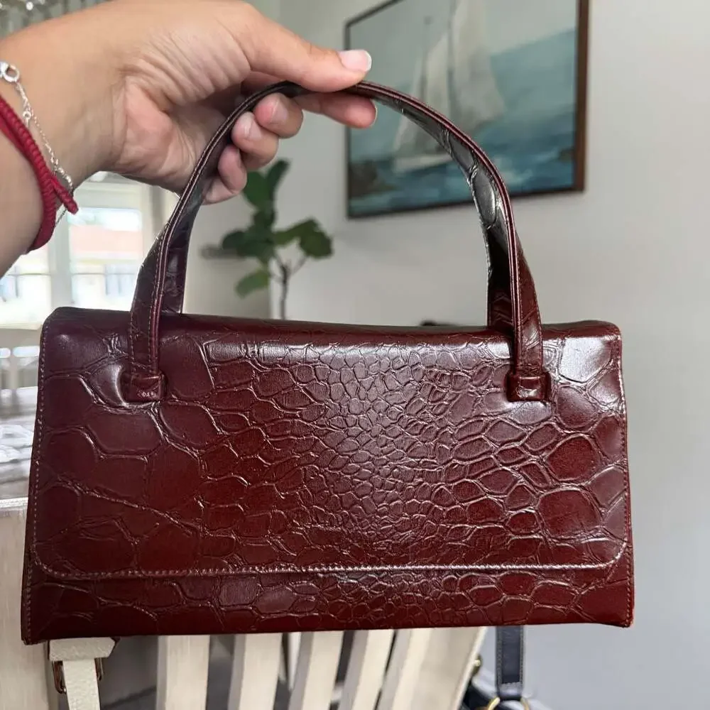 Vintage Mid-Century Style Burgundy Crocodile-Embossed Structured Box Handbag